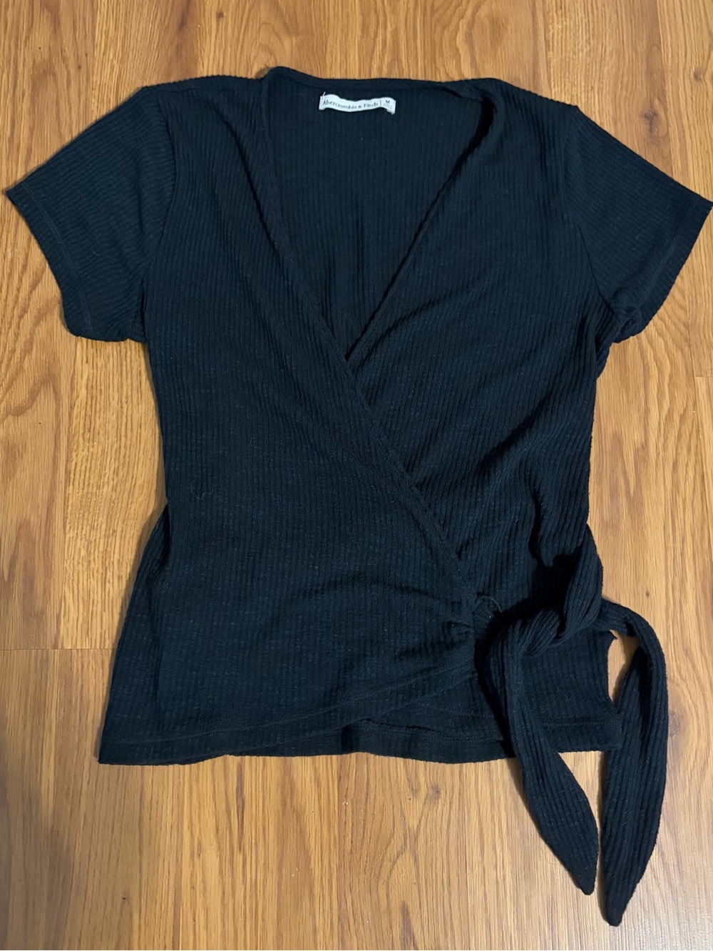Abercrombie & Fitch Black Ribbed Wrap Short-Sleeve Top